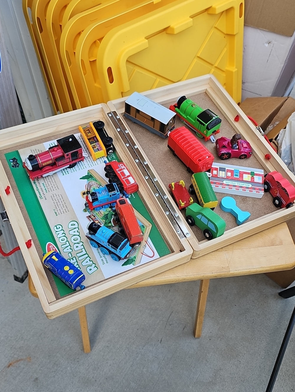 Wooden Train Playset with Red, Green, Blue & Yellow Vehicles - Kids Toys